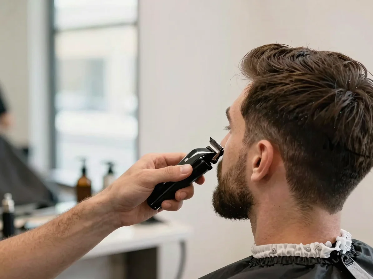 Editorial salon photograph, soft natural light, a barber trimming