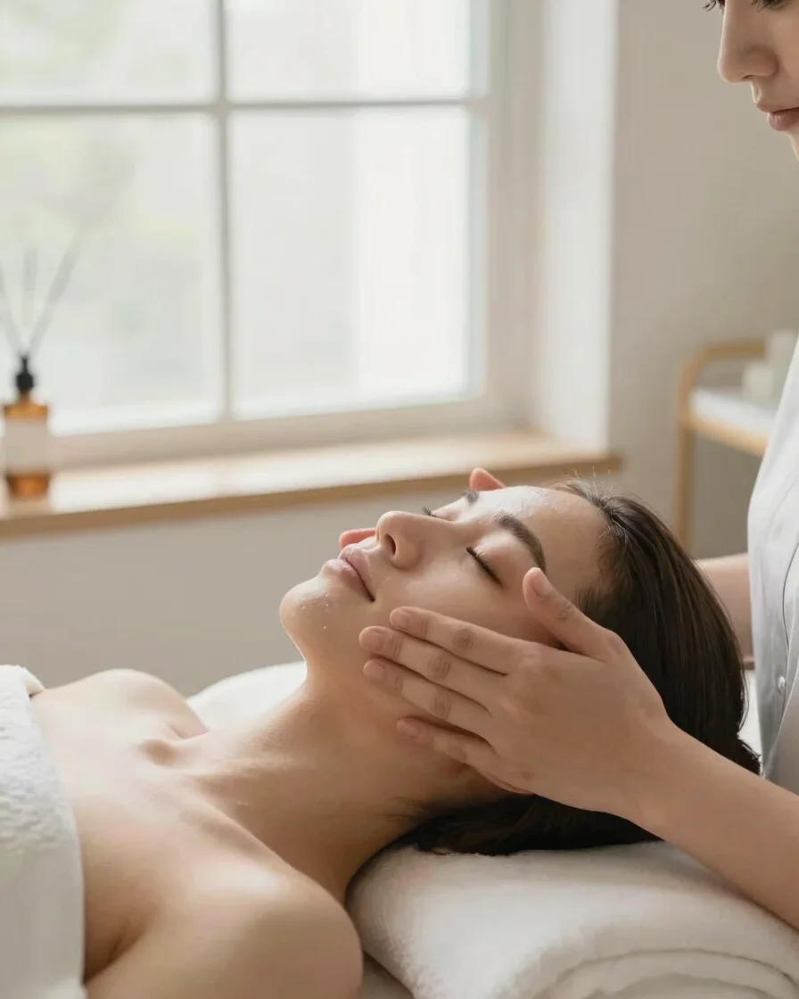 Editorial salon photography of a beauty therapist applying a gentle facial massage in soft natural window light, clean w