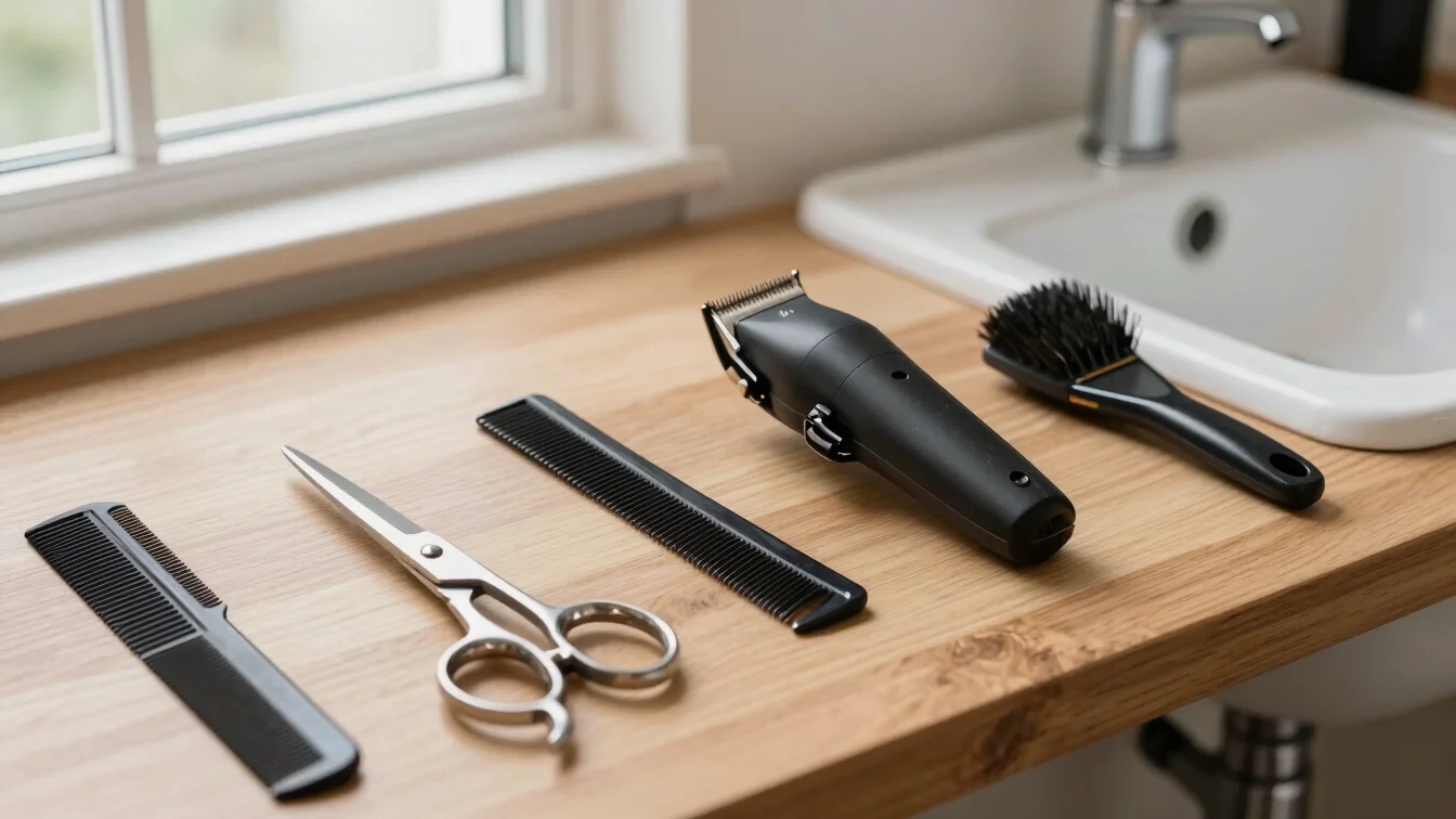 Close editorial detail of neatly arranged salon tools on a wooden