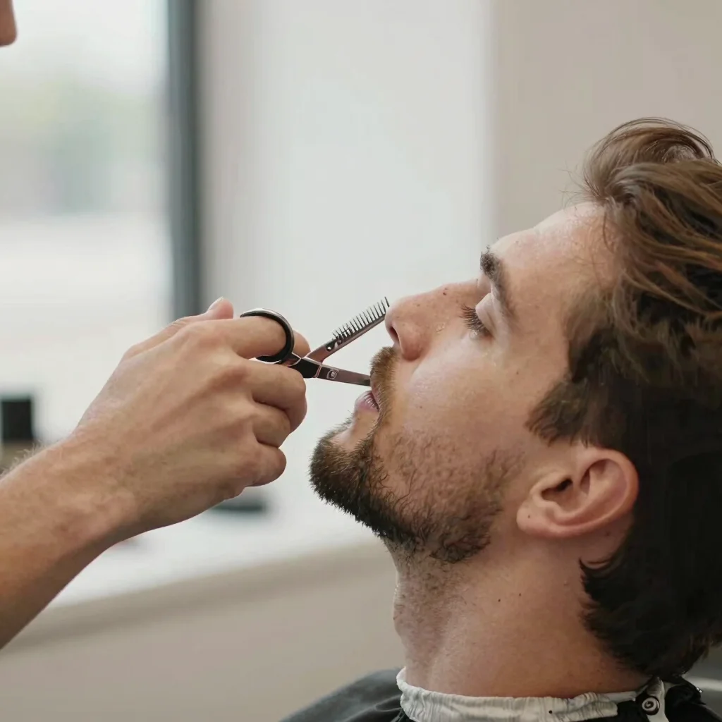 Close view of a barber trimming a man's beard with a clean comb a