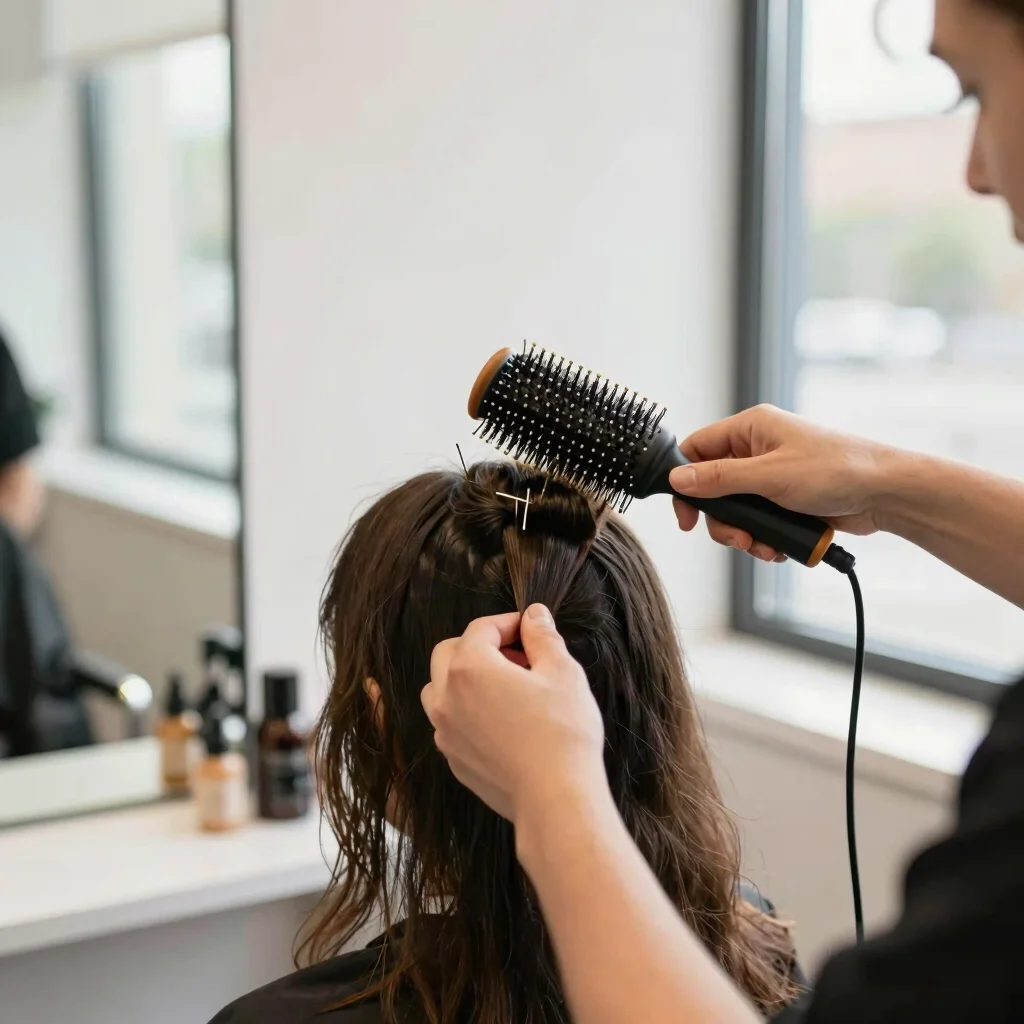 Hands setting curls on a client's hair with round brush and pins