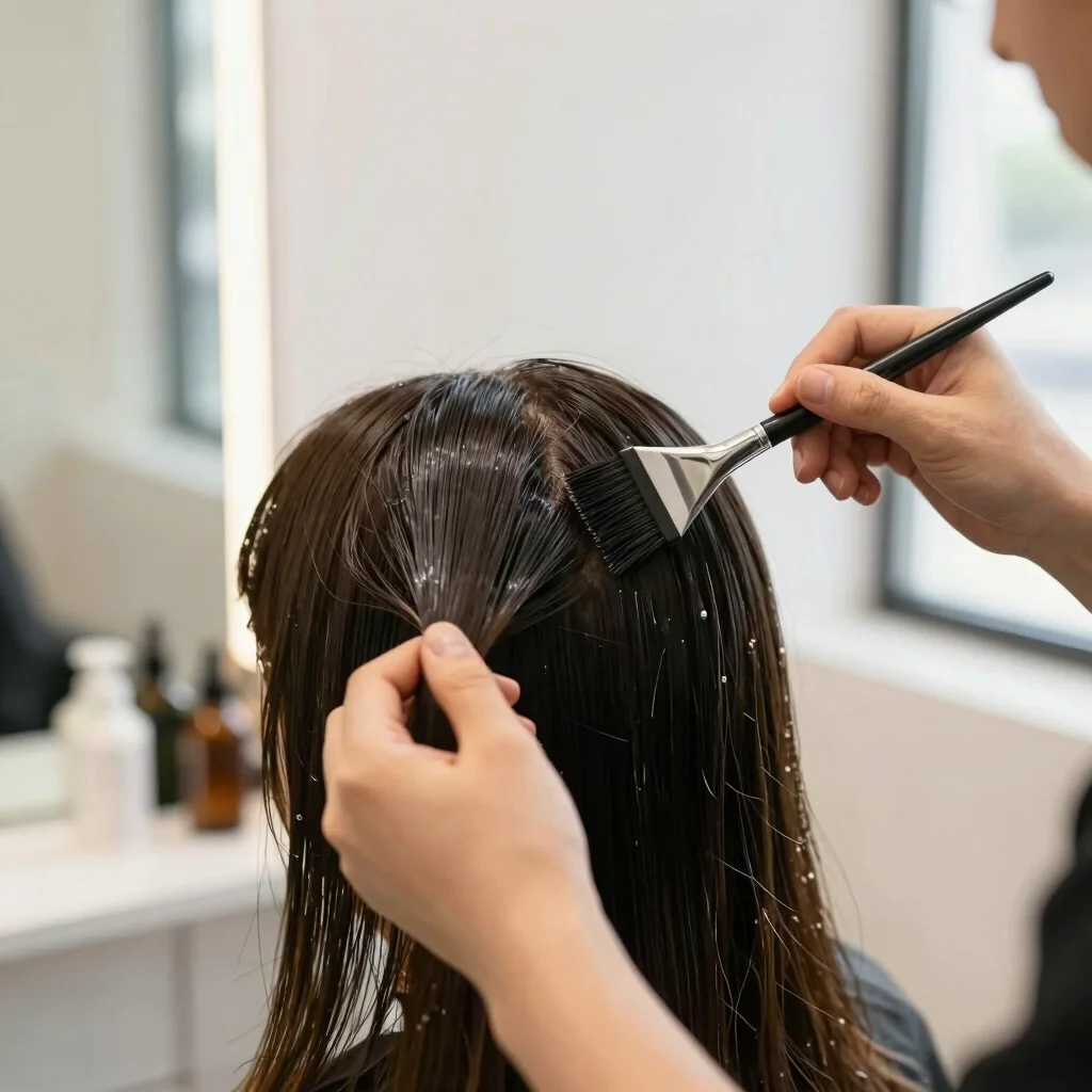 Hands applying hair colour with a tint brush to a client's hair i