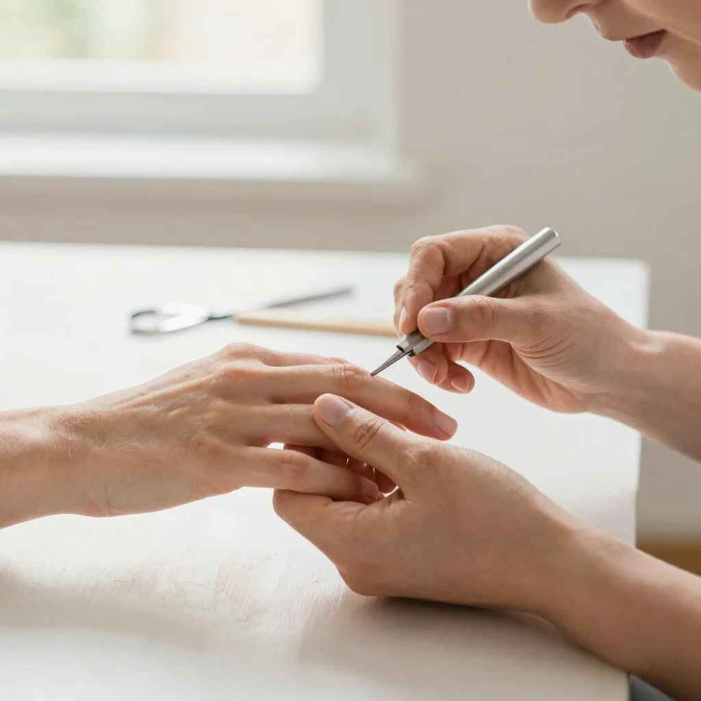 Manicurist filing a client's nails at a tidy table, soft daylight