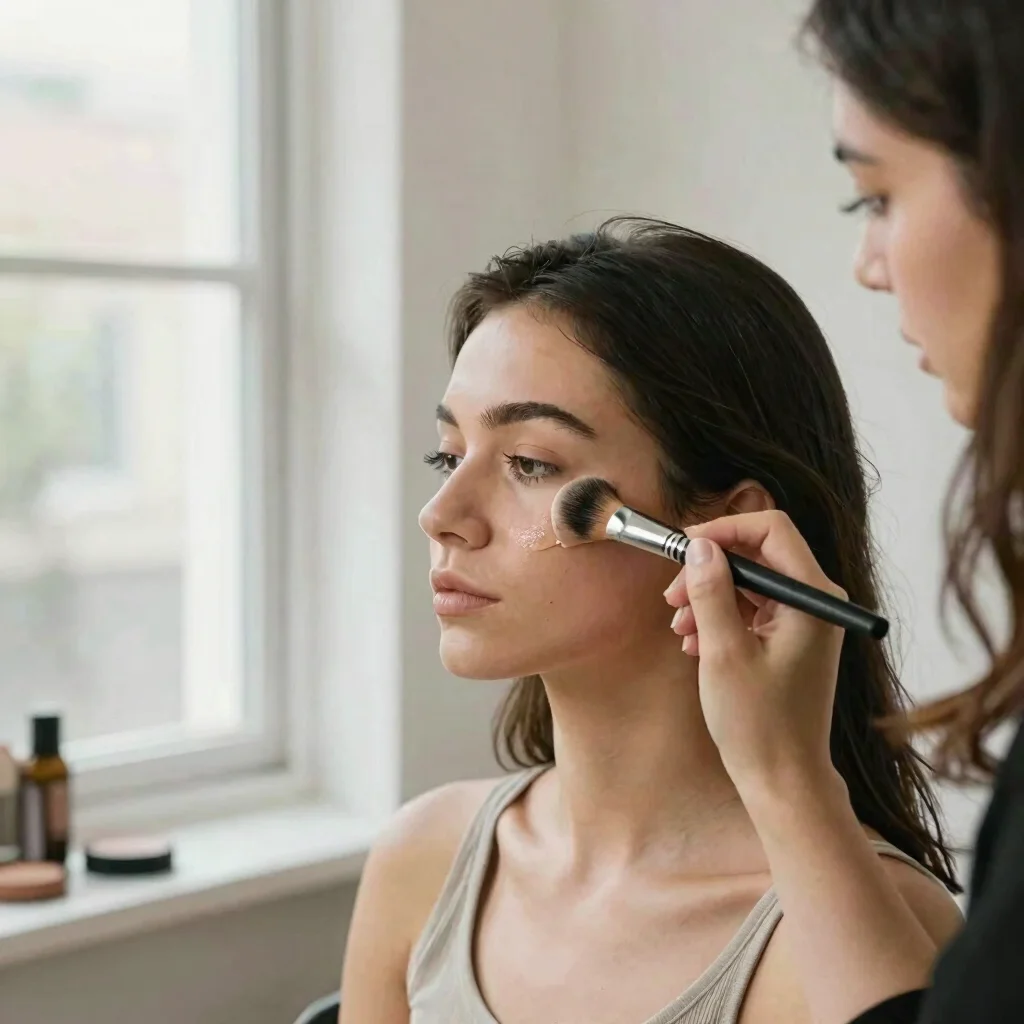 Makeup artist applying foundation to a client's face with a brush